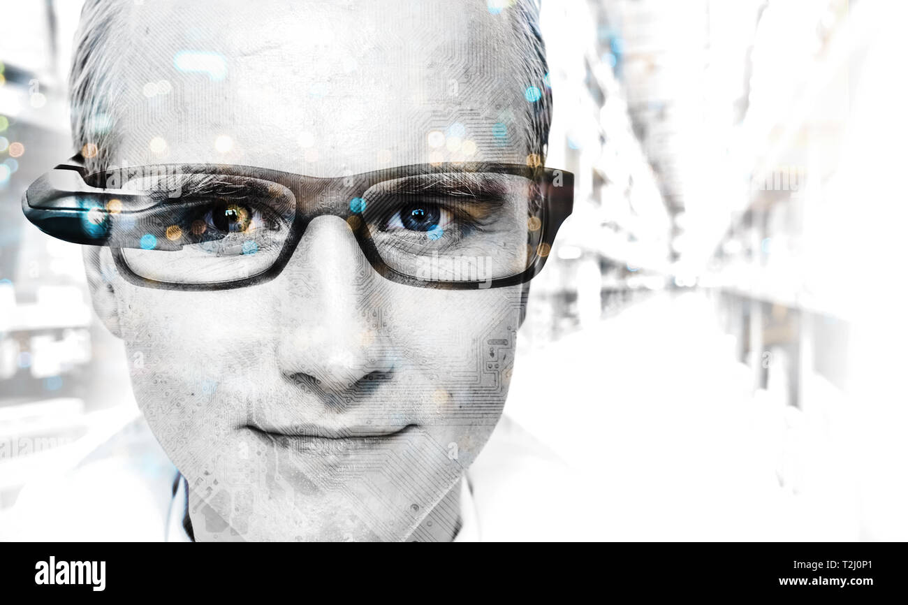 Augmented reality on smart AR glasses technology.Digital transformation