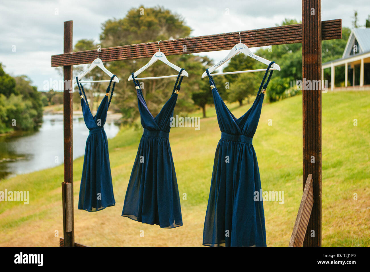 wide shot of  bride & bridesmaid wedding dress Stock Photo