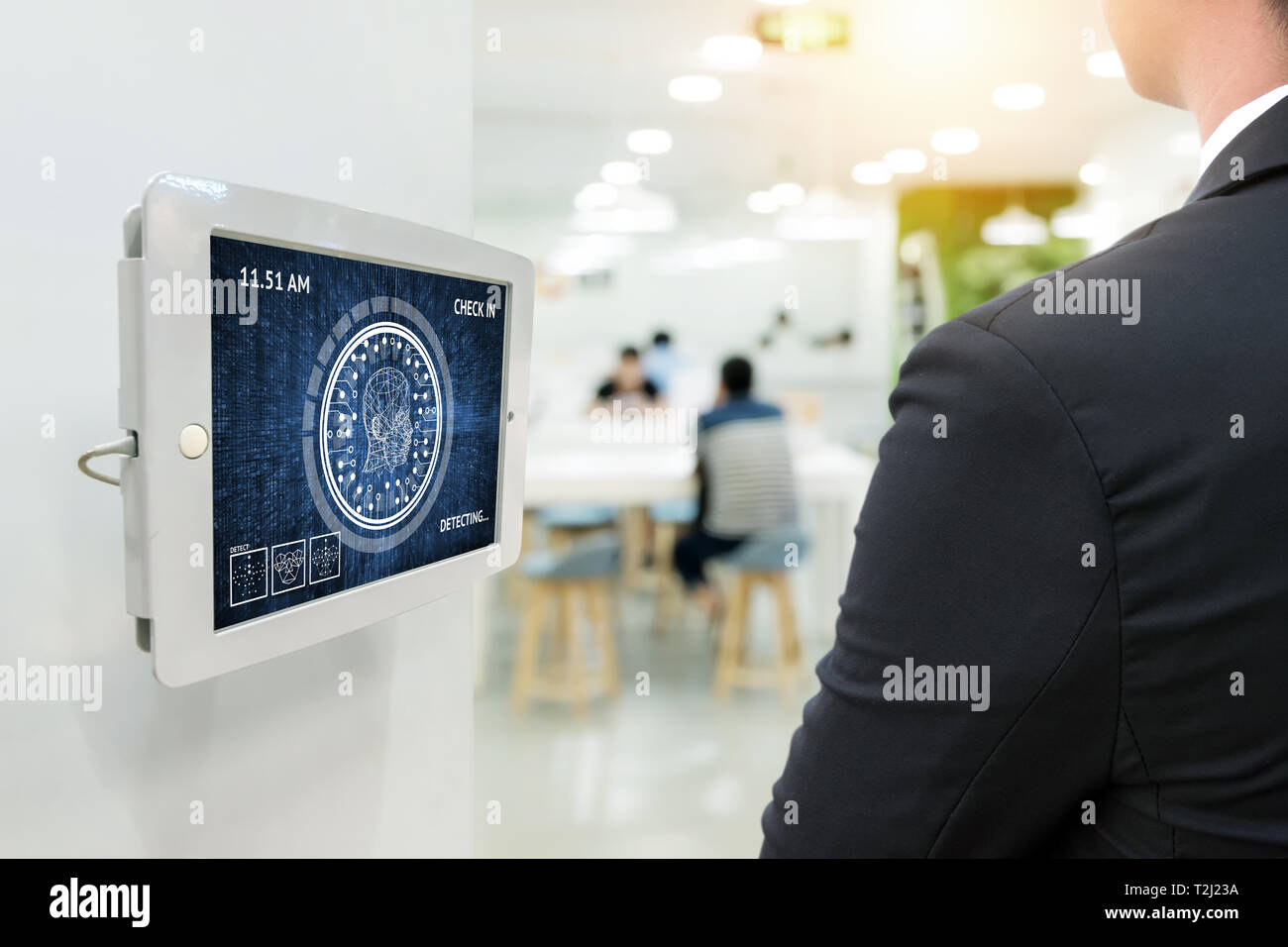 Machine learning systems technology , accurate facial recognition biometric technology and artificial intelligence concept. Worker check in job office Stock Photo