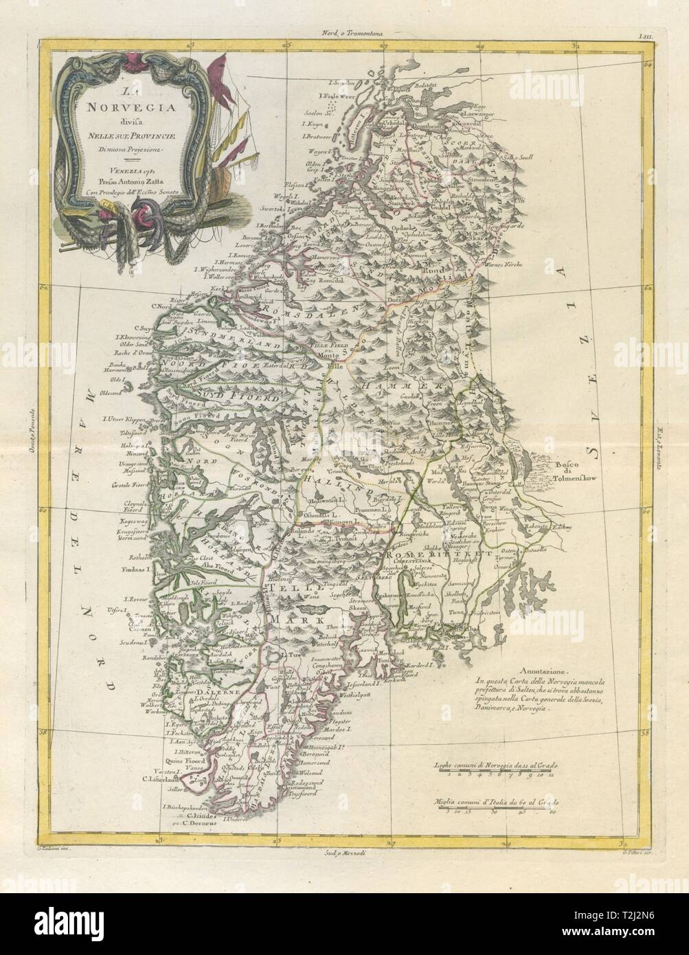 'La Norvegia divisa nelle sue provincie'. Norway. ZATTA 1783 old antique map Stock Photo