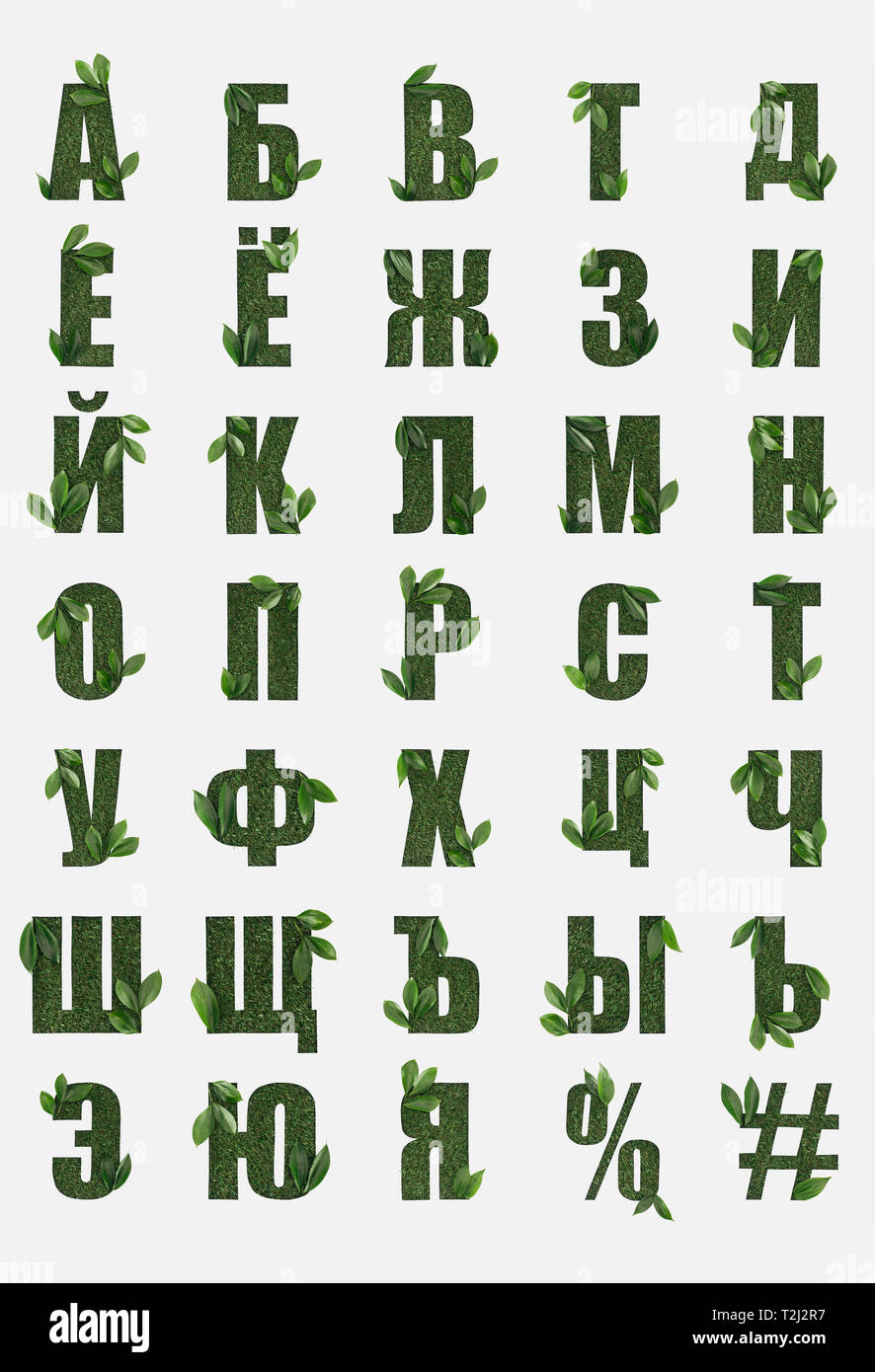 cyrillic letters from russian alphabet made of green grass with fresh leaves isolated on white Stock Photo