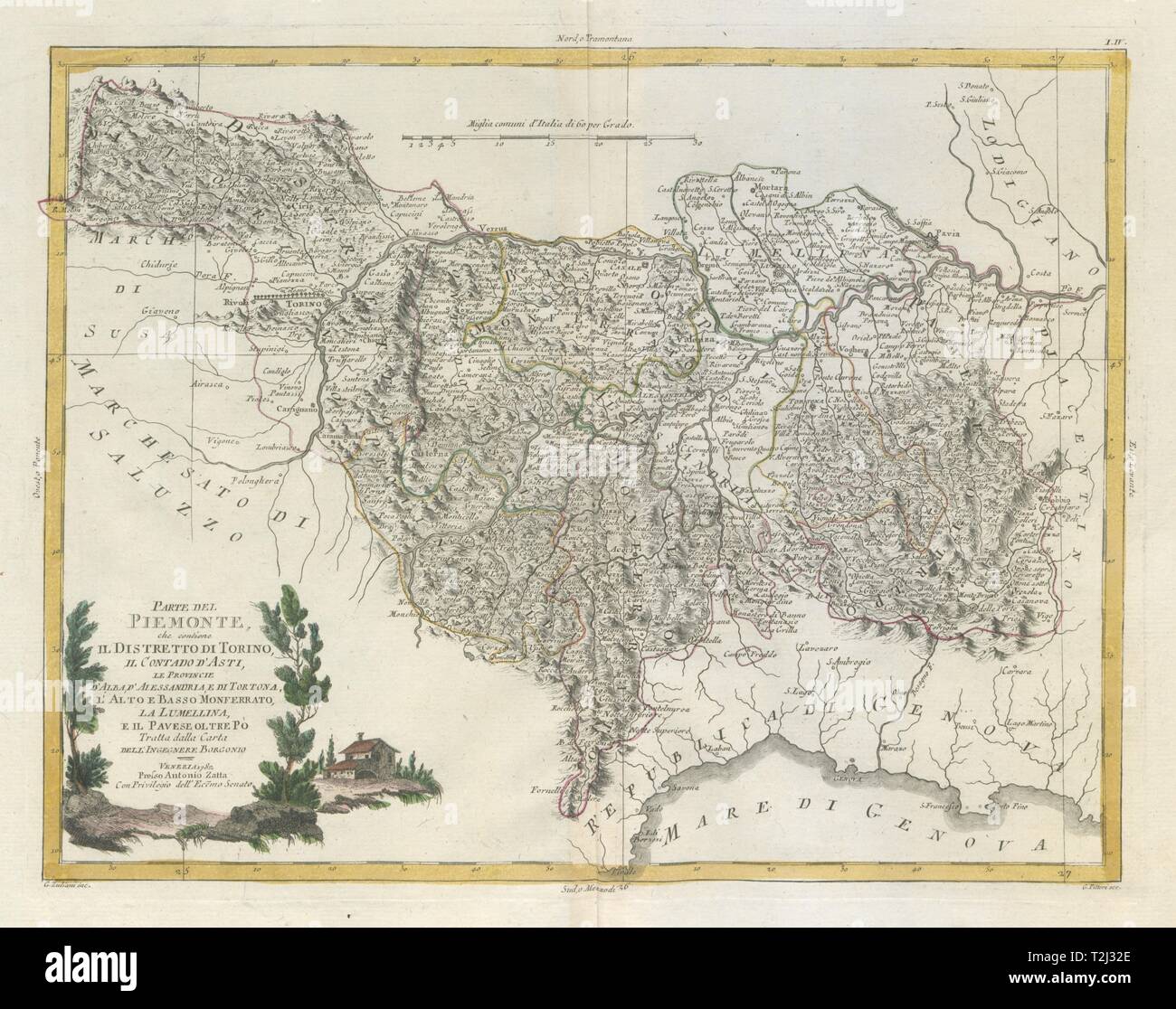 'Parte del Piemonte, che contiene il Distretto di Torino…' Asti. ZATTA 1784 map Stock Photo