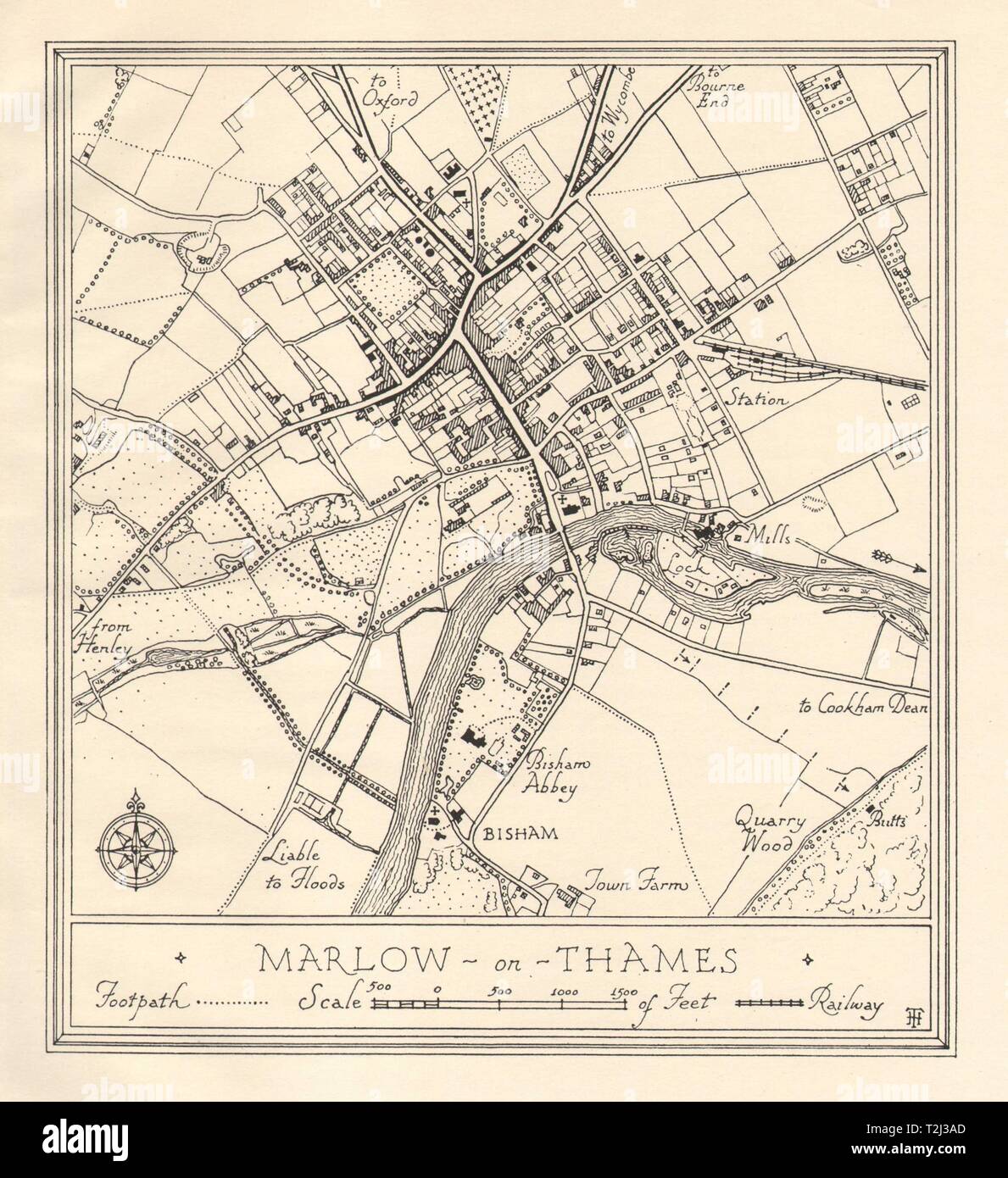 Town plan of MARLOW, Buckinghamshire. Thames Valley 1929 old vintage