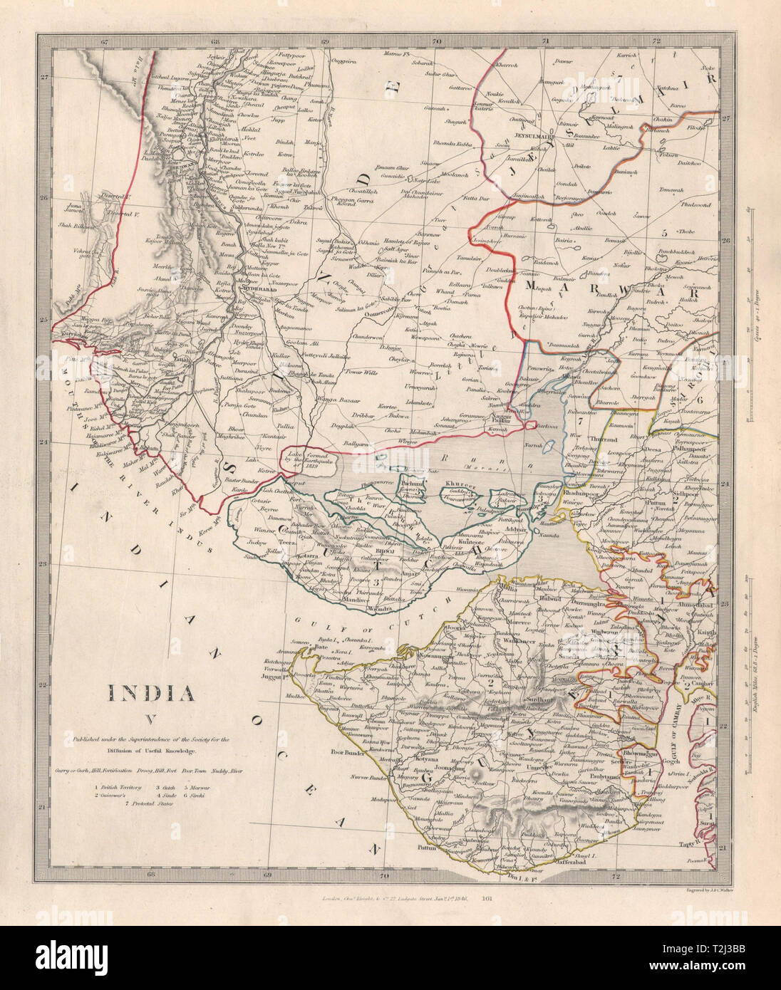 Old Map Of Gujarat India V. Sinde-Gujarat. Marwar Cutch Jaisalmer. Sduk 1846 Old Antique Map  Stock Photo - Alamy