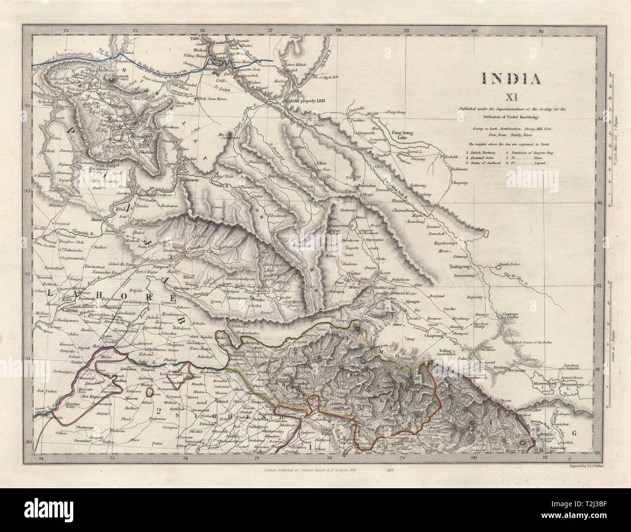 INDIA XI. PAKISTAN. Punjab Lahore Garhwal Sirhind China Kashmir. SDUK 1846 map Stock Photo