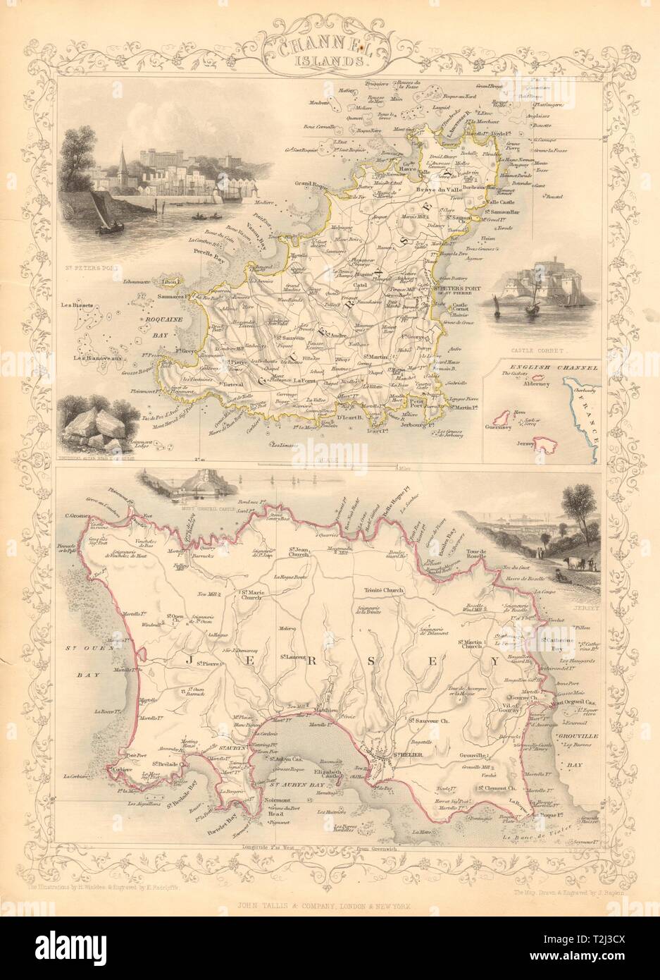 St Peter Jersey Map Channel Islands. St Peter Port View. Jersey & Guernsey. Tallis & Rapkin  1851 Map Stock Photo - Alamy