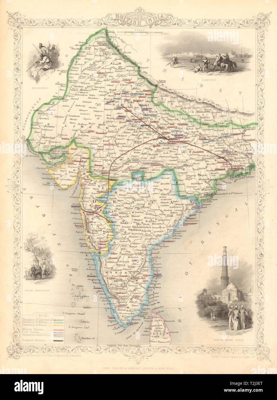 BRITISH INDIA. shows 'Proposed Railways'. Military bases. RAPKIN/TALLIS 1851 map Stock Photo