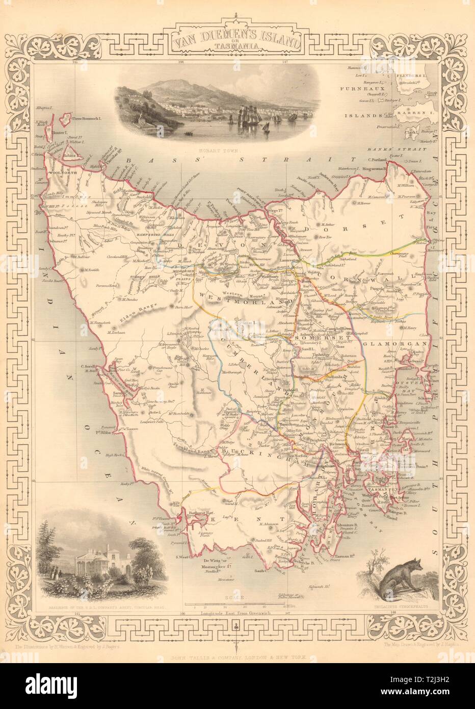 VAN DIEMEN'S ISLAND OR TASMANIA. Shows extinct Thylacine. RAPKIN/TALLIS 1851 map Stock Photo