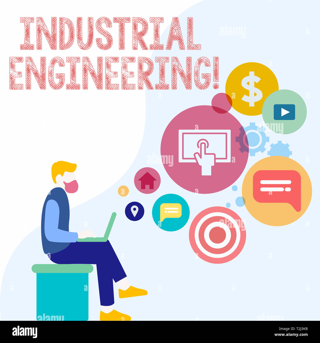 Handwriting text Industrial Engineering. Conceptual photo field or study that focuses on industrial processes Man Sitting Down with Laptop on his Lap  Stock Photo