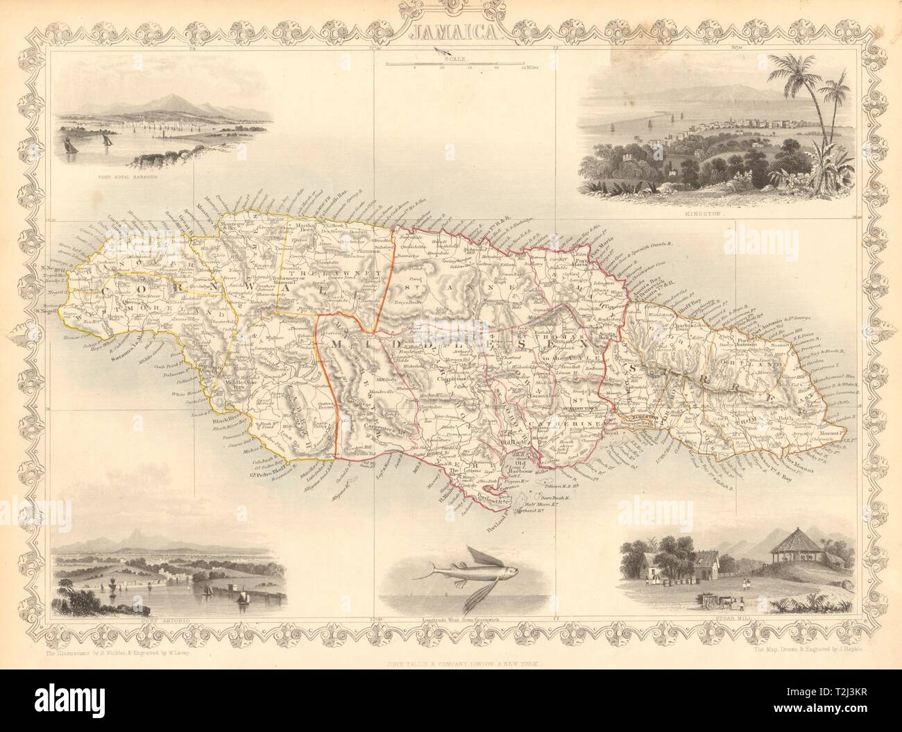 JAMAICA. Counties/parishes. Sugar Mill & Kingston views. RAPKIN/TALLIS 1851 map Stock Photo