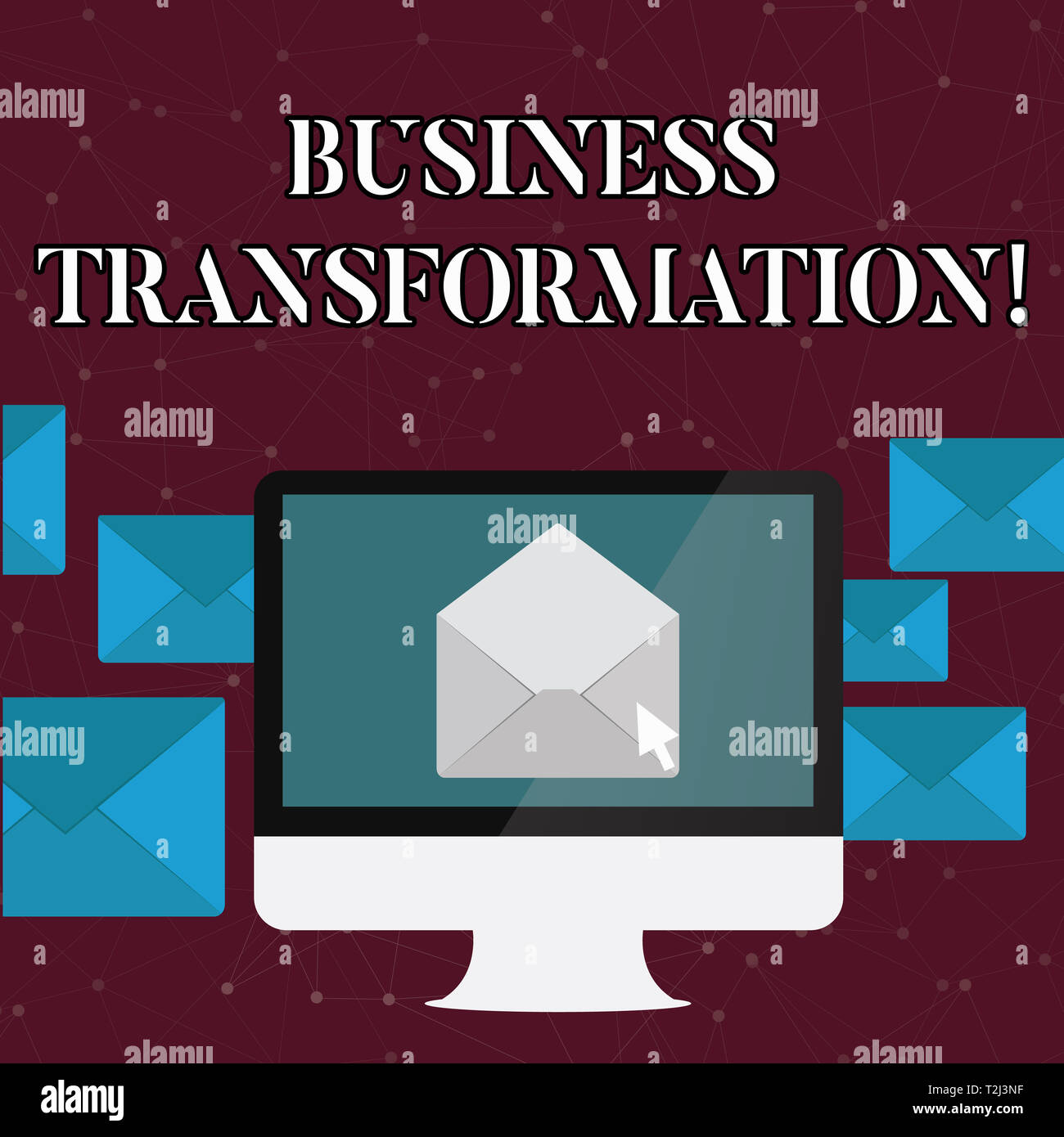 Text sign showing Business Transformation. Business photo text process of fundamentally changing systems processes Open Color Envelope inside Computer Stock Photo