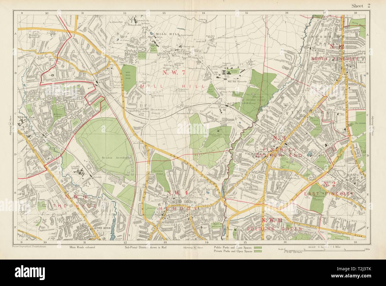 FINCHLEY/HENDON Mill Hill Hyde Golders Green Edgware Colindale. BACON 1934 map Stock Photo