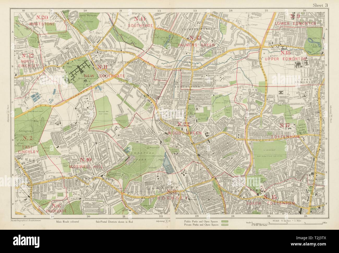 N LONDON Hornsey Edmonton Muswell Hill Southgate Tottenham. BACON 1934 old map Stock Photo
