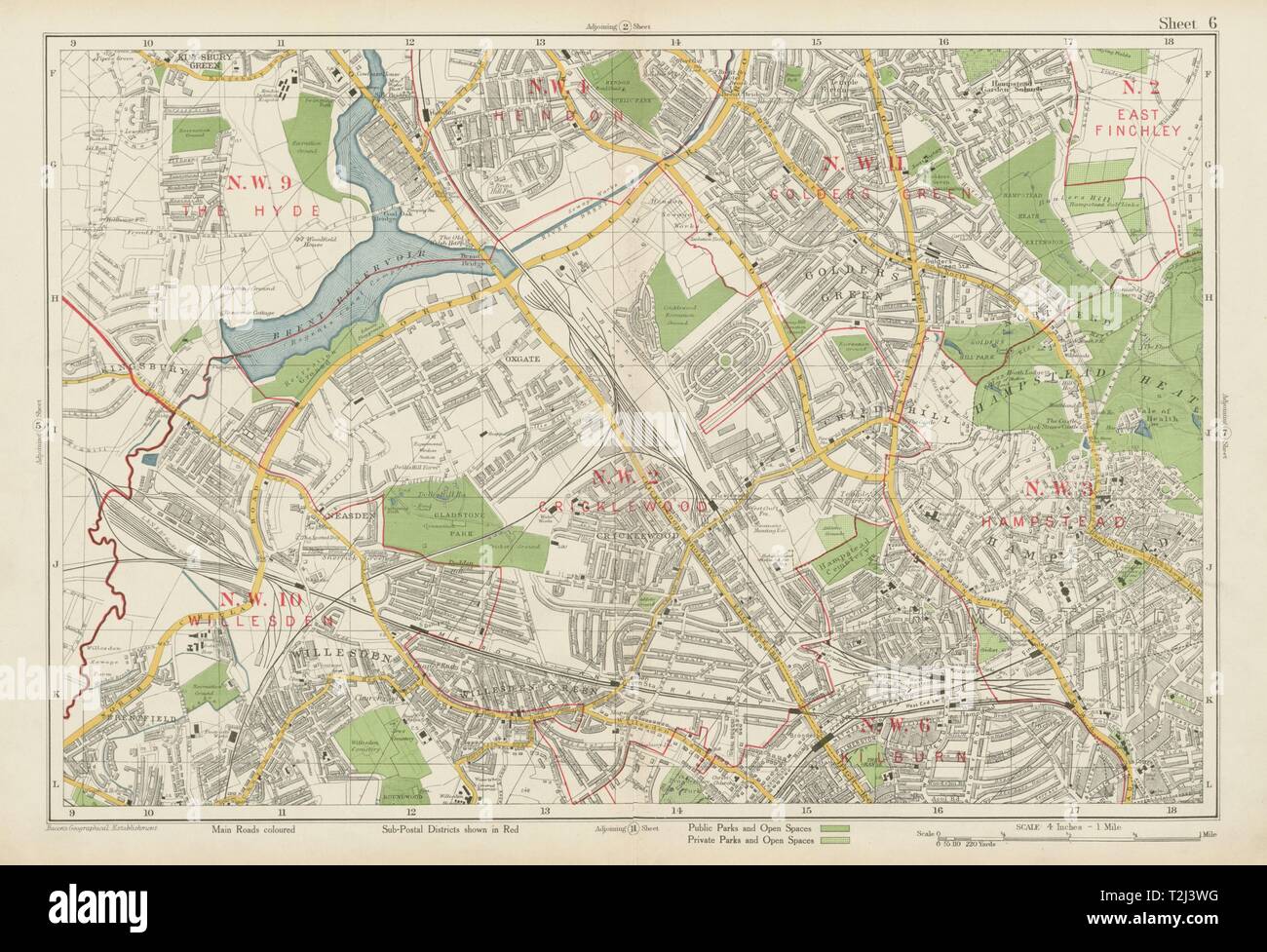 NW LONDON Cricklewood Hampstead Hendon Willesden Golders Green. BACON 1934 map Stock Photo
