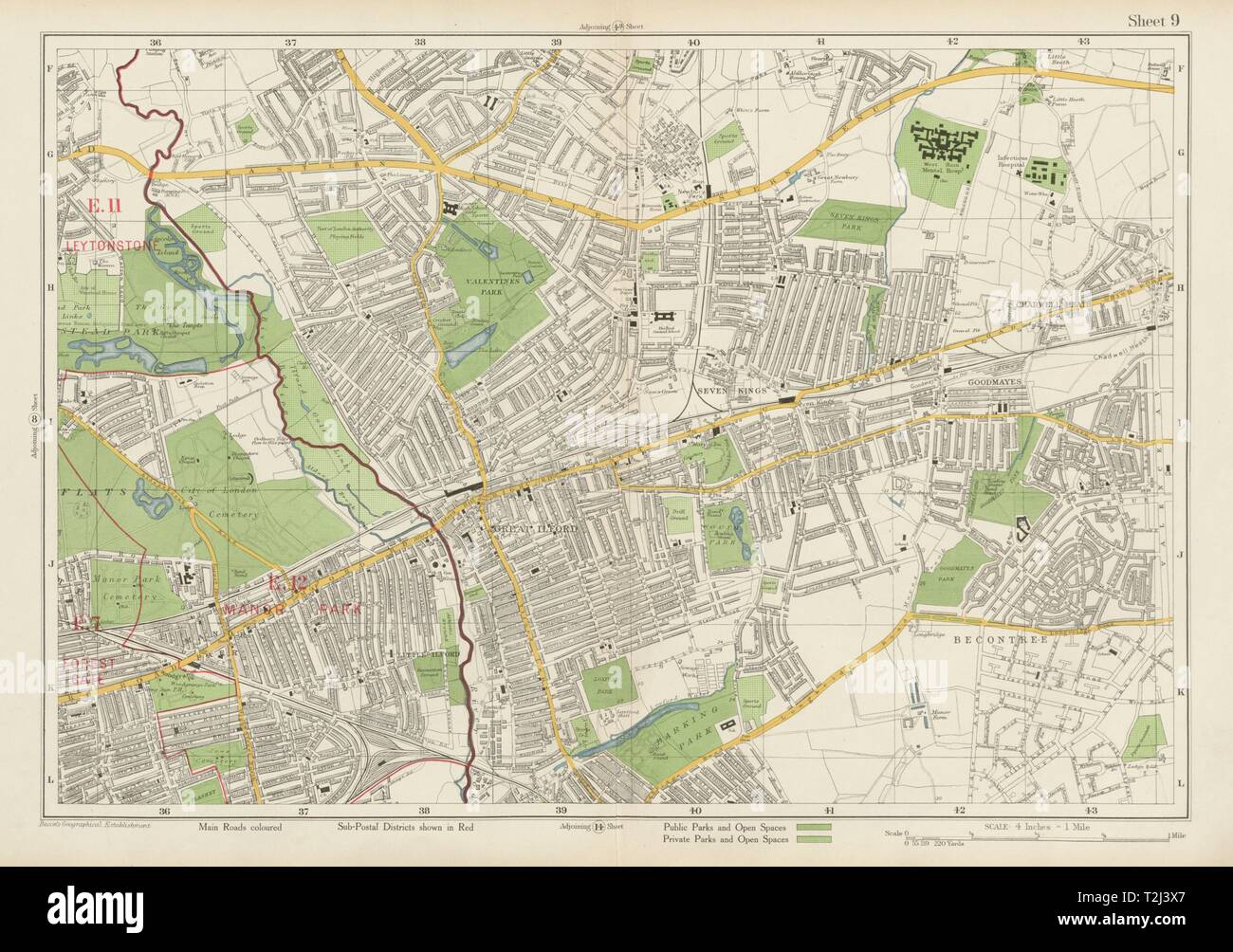 ILFORD Barking Wanstead Flats Goodmayes Newbury Park Becontree. BACON 1934 map Stock Photo