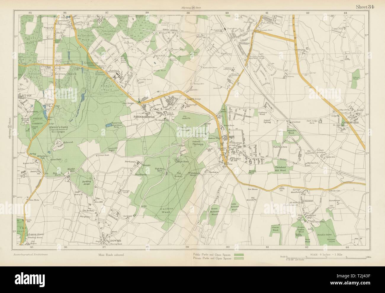 ORPINGTON Farnborough Keston Mark Pratt's Bottom Chelsfield. BACON 1934 map Stock Photo