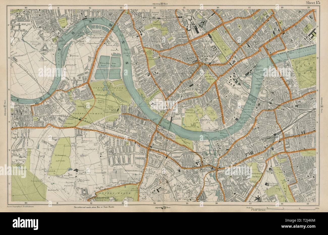 LONDON Chiswick Barnes Fulham Chelsea Putney Wandsworth Clapham. BACON  1919 map Stock Photo