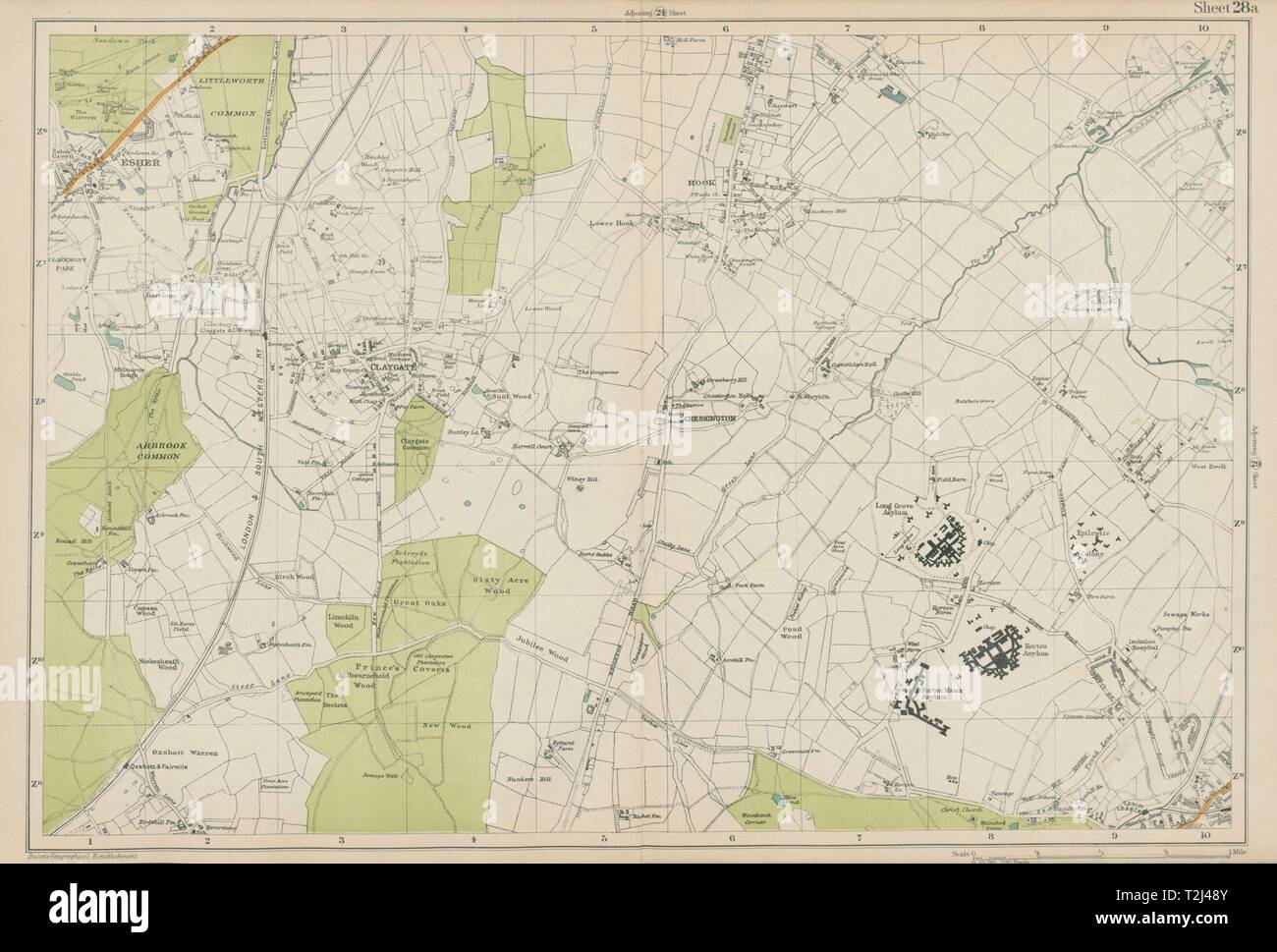 ESHER/EWELL Epsom Claygate Oxshott Hook Chessington Hinchley Wood.BACON 1919 map Stock Photo