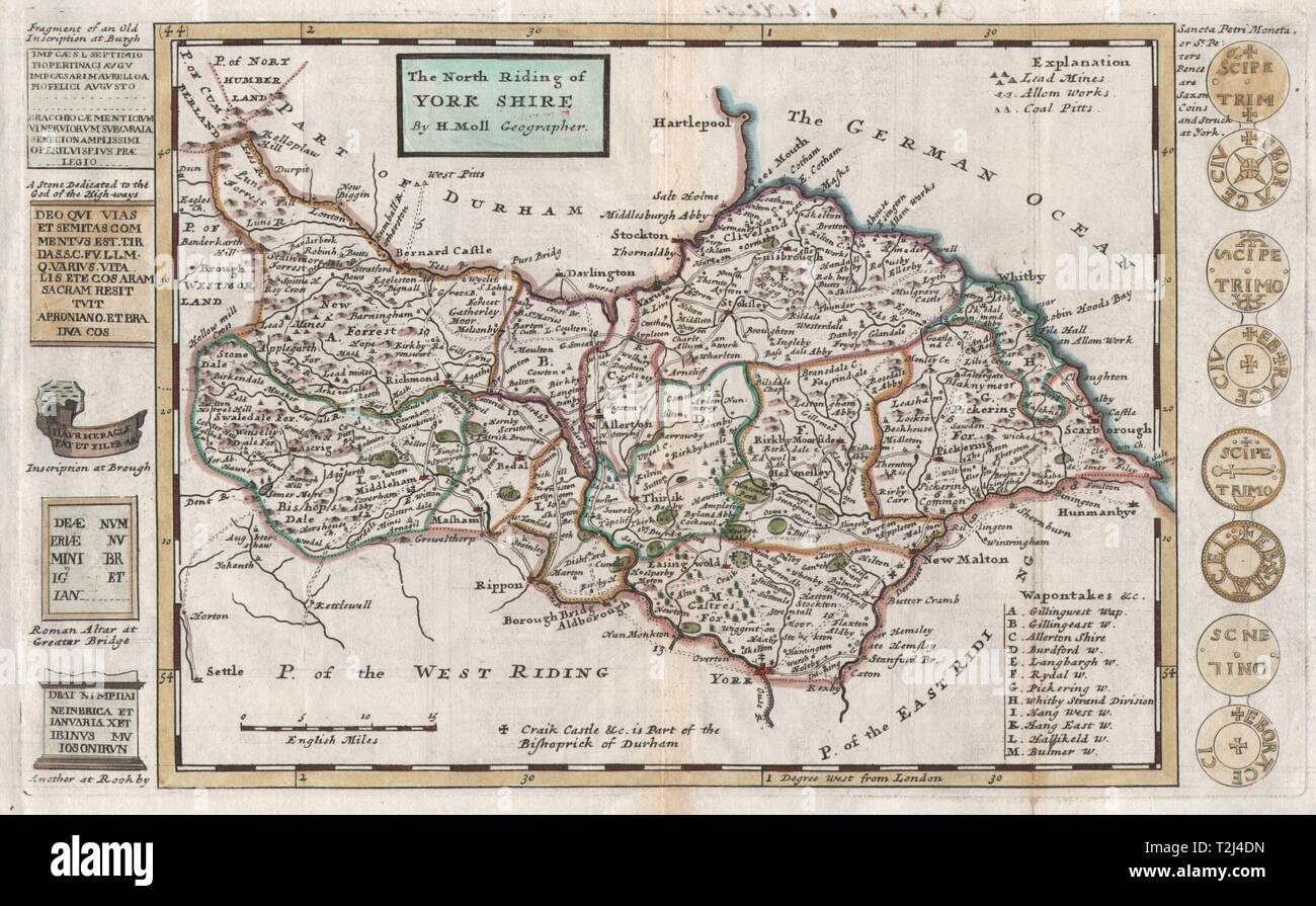'The North Riding of York Shire', by Hermann Moll. Yorkshire 1724 old map Stock Photo
