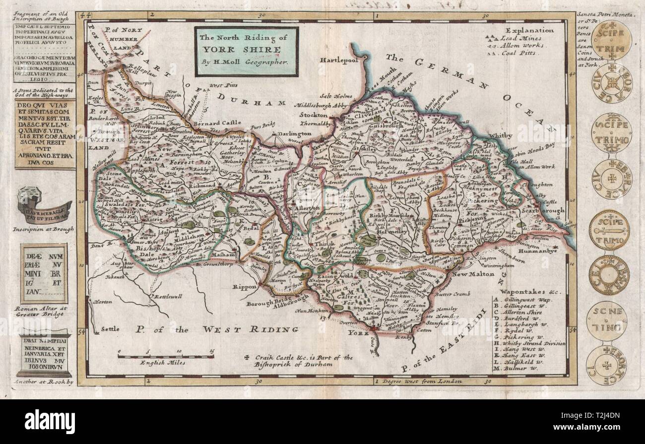 North Riding Of Yorkshire Map The North Riding Of York Shire", By Hermann Moll. Yorkshire 1724 Old Map  Stock Photo - Alamy