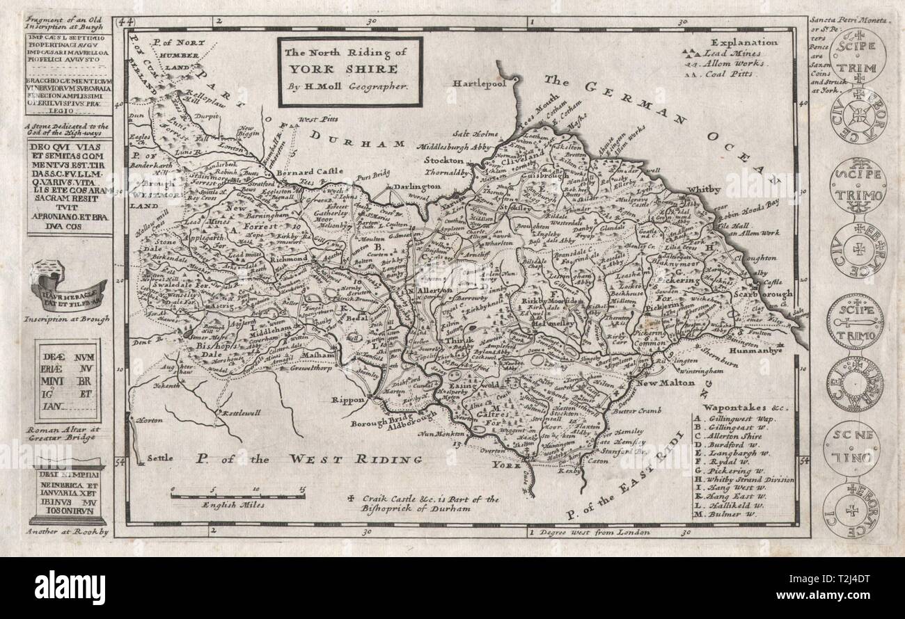 'The North Riding of York Shire', by Hermann Moll. Yorkshire 1724 old map Stock Photo