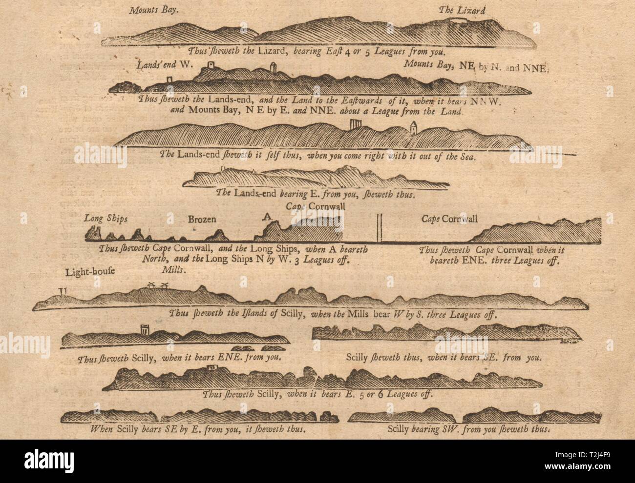 Mounts Bay Cornwall Map Cornwall Coast Profile Mounts Bay Lizard Land's End Scillies Mount/Page  1749 Map Stock Photo - Alamy