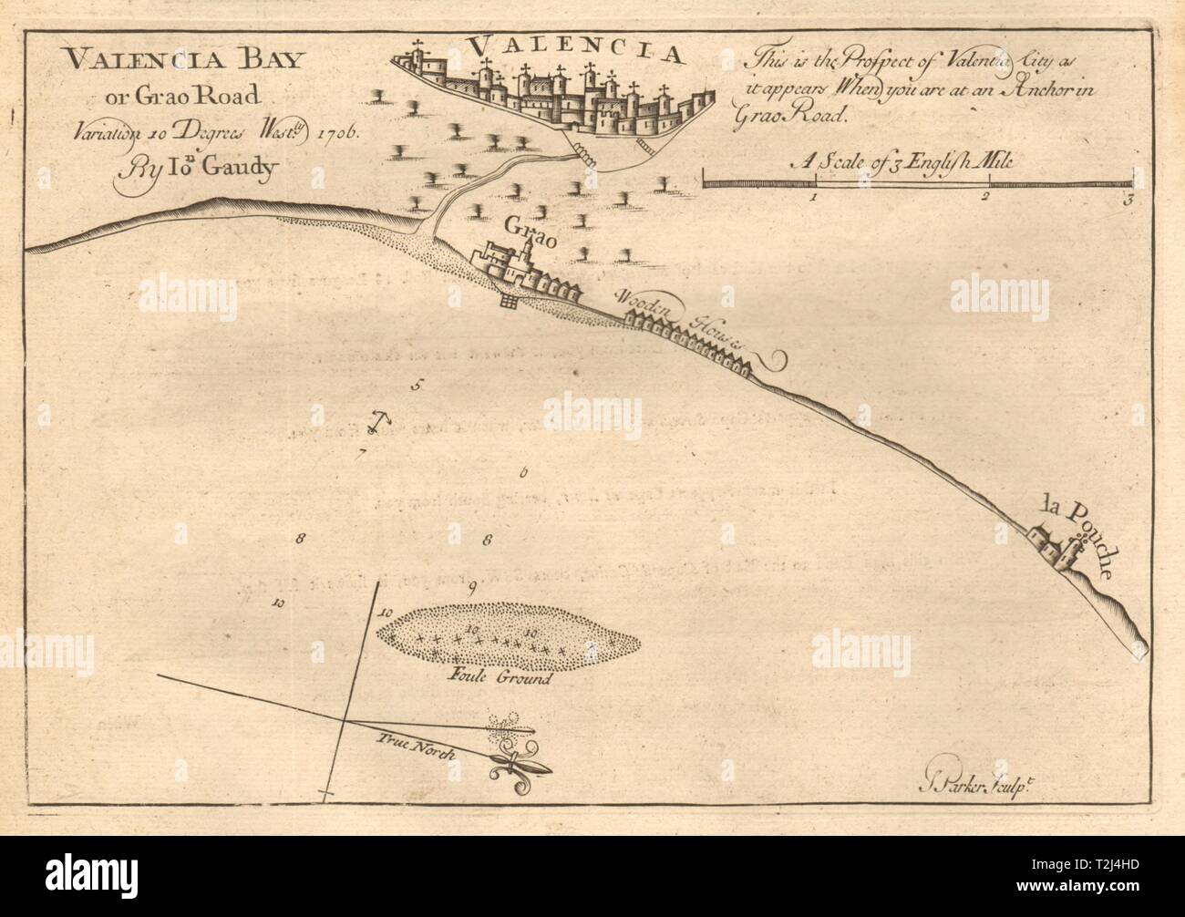 'Valencia bay or Grao road '. Spain. GAUDY coastal & sea chart 1747 old map Stock Photo