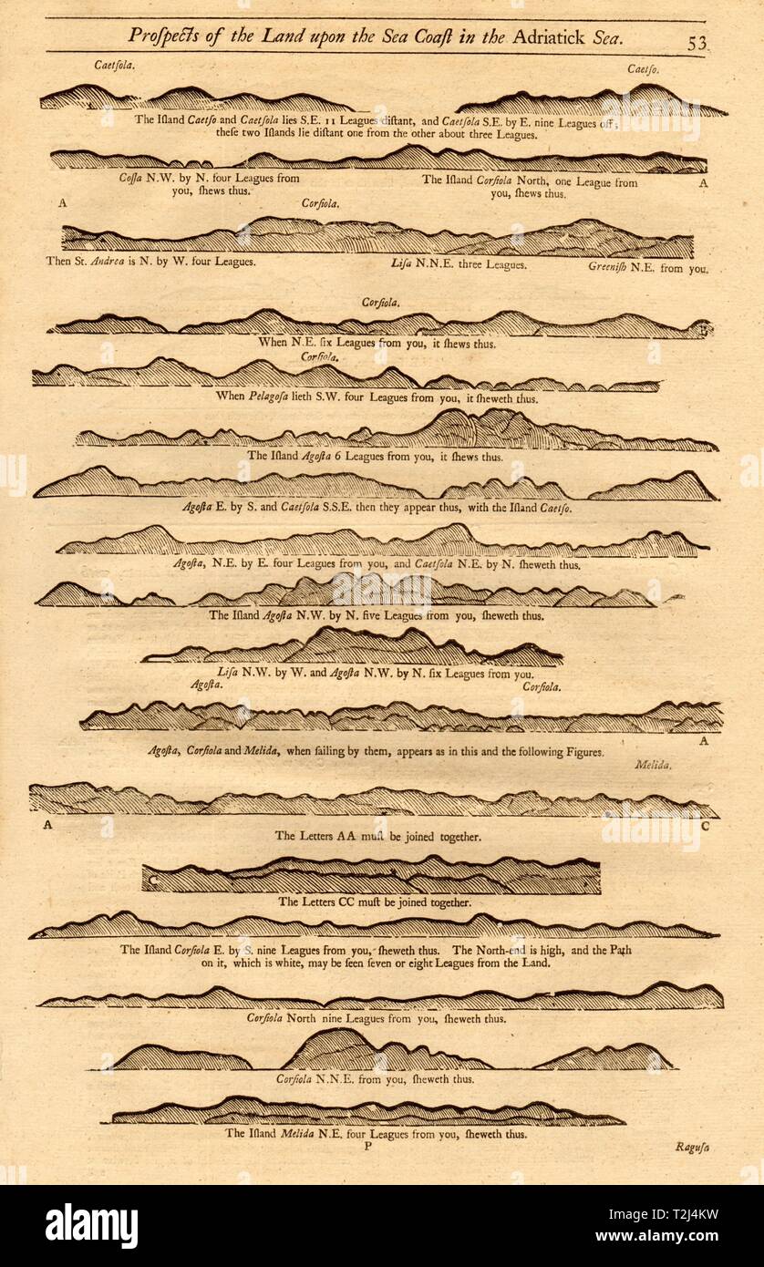 Croatia Dalmatian islands coast profile II. Venetian names MOUNT & PAGE 1747 map Stock Photo