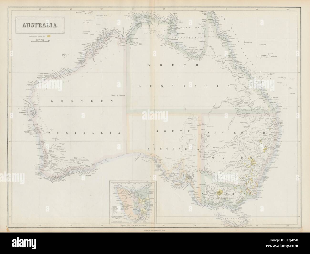 Gold rush Australia showing gold districts in yellow. SIDNEY HALL 1856 map  Stock Photo - Alamy