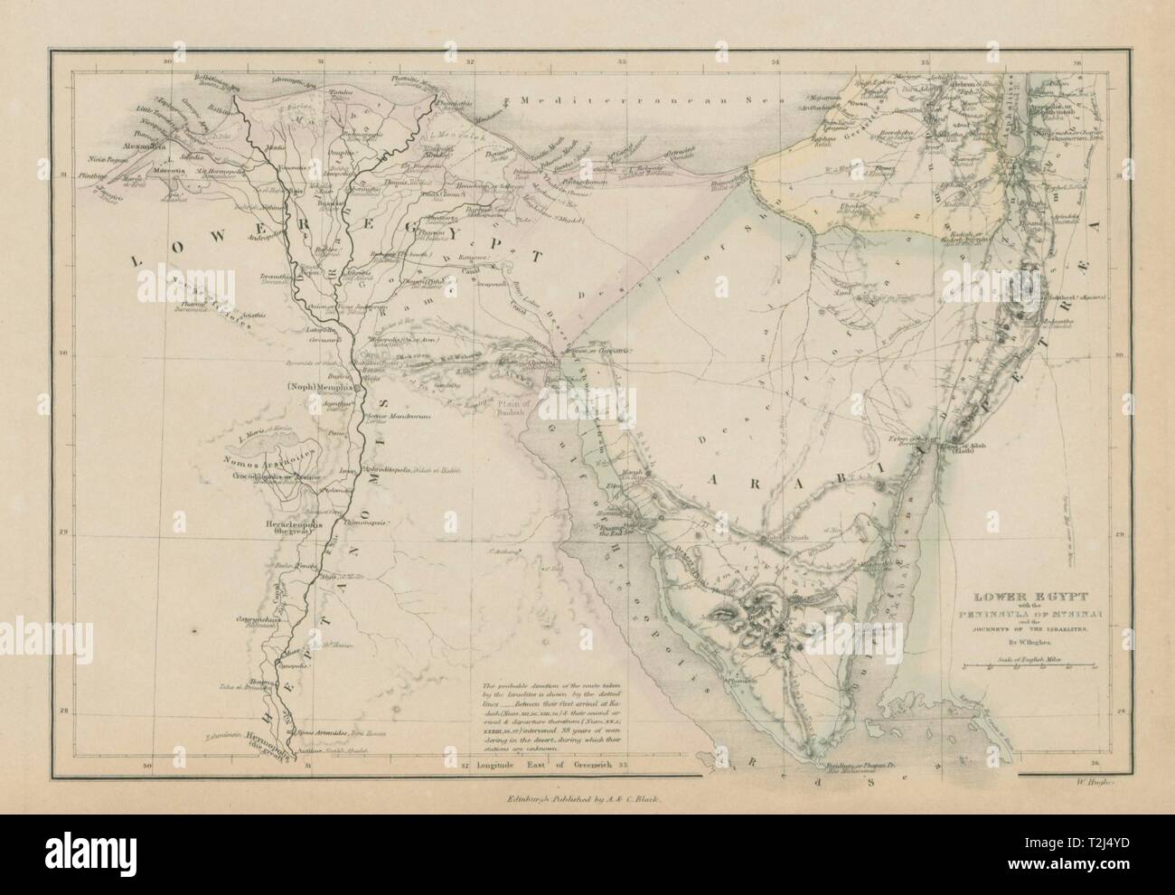 Lower Egypt, Sinai peninsula & Exodus of the Israelites. WILLIAM HUGHES 1856 map Stock Photo