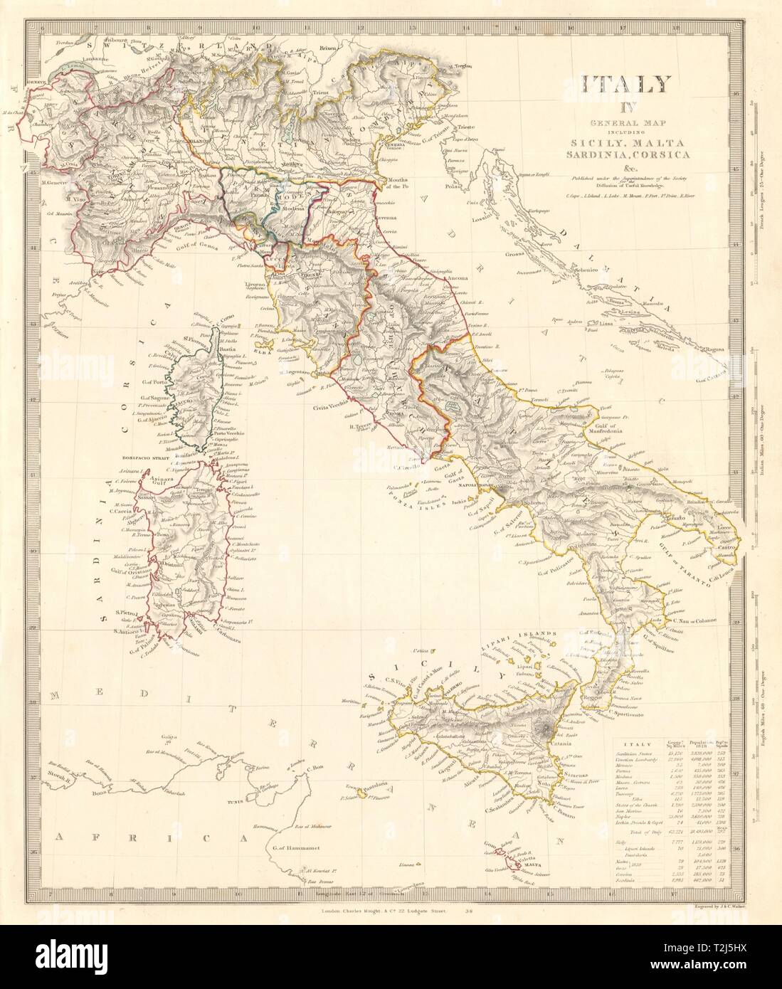 Map Of Sardinia And Sicily Italy General Map. Sicily Sardinia Corsica. Includes Savoie & Nice. Sduk  1845 Stock Photo - Alamy