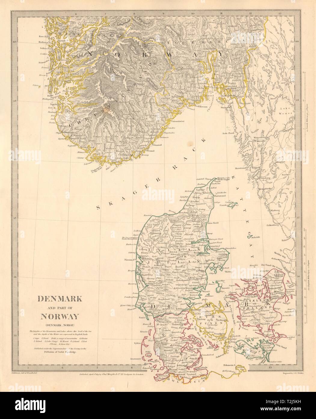SCANDINAVIA. Denmark and Southern Norway (Norge) . SDUK 1845 old antique map Stock Photo