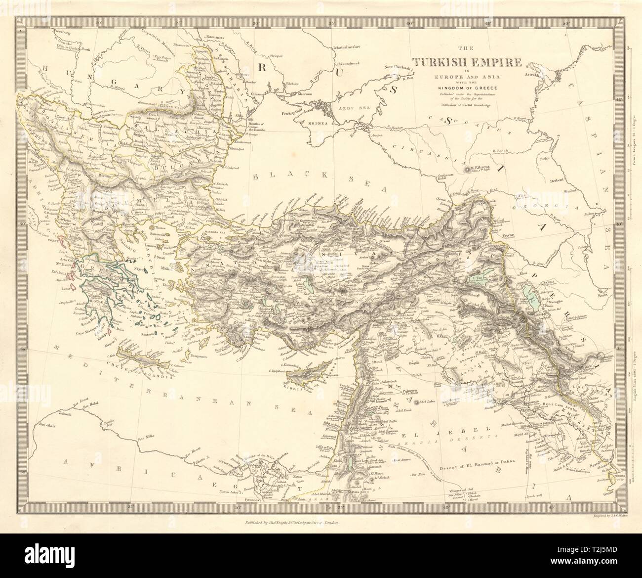 TURKISH / OTTOMAN EMPIRE in Europe & Asia. Kingdom of Greece. SDUK 1845 map Stock Photo