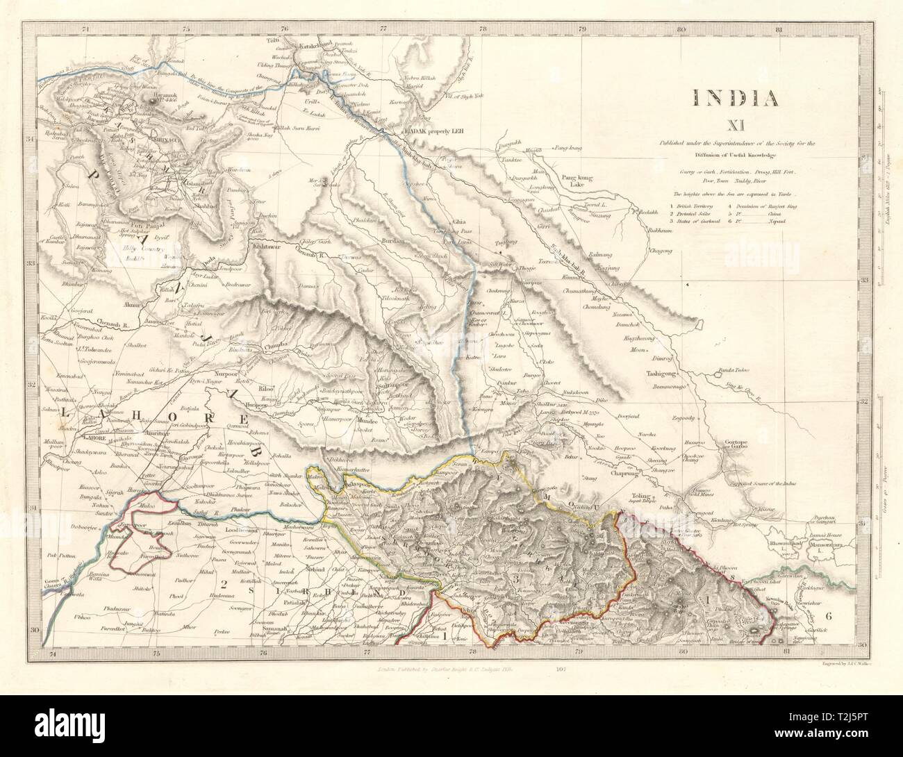 INDIA XI. PAKISTAN. Punjab Garhwal Lahore Sirhind Kashmir China. SDUK 1846 map Stock Photo