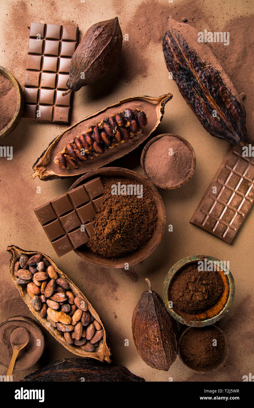 Collection chocolate, Cocoa pod, candy sweet, dessert on natural paper