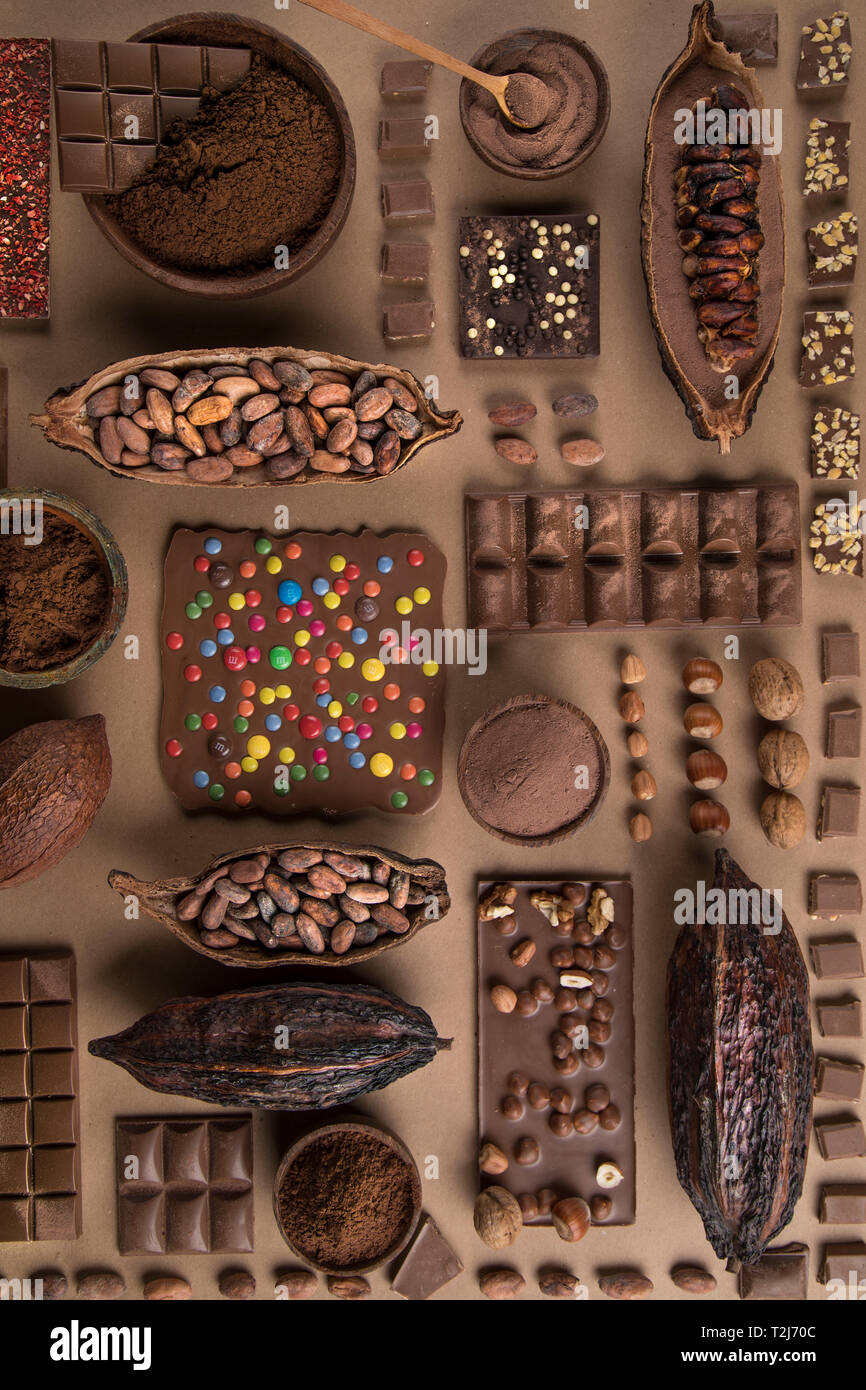 Collection chocolate, Cocoa pod, candy sweet, dessert on natural paper