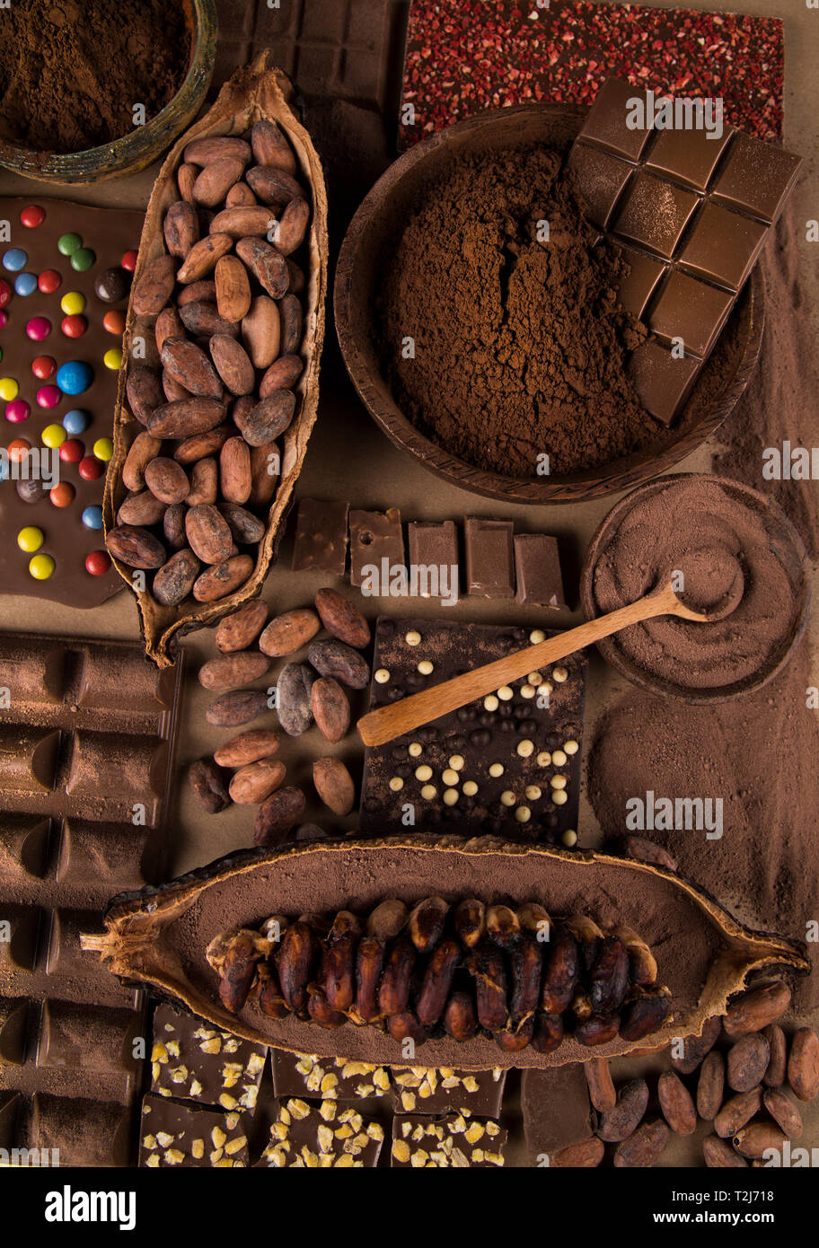 Chocolate Collection, Cocoa pod, candy sweet, dessert on natural paper