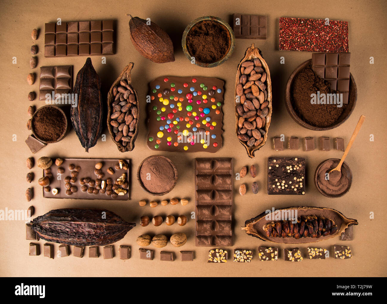 Collection chocolate, Cocoa pod, candy sweet, dessert on natural paper