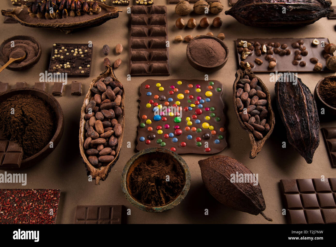 Collection chocolate, Cocoa pod, candy sweet, dessert on natural paper