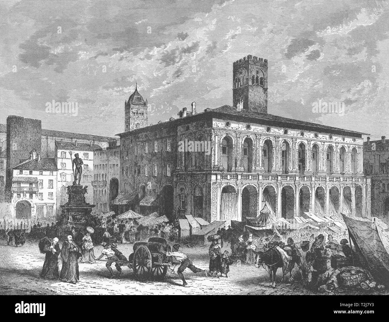ITALY. In Emilia. Market- place, with the fountain of Neptune Bologna 1877 Stock Photo