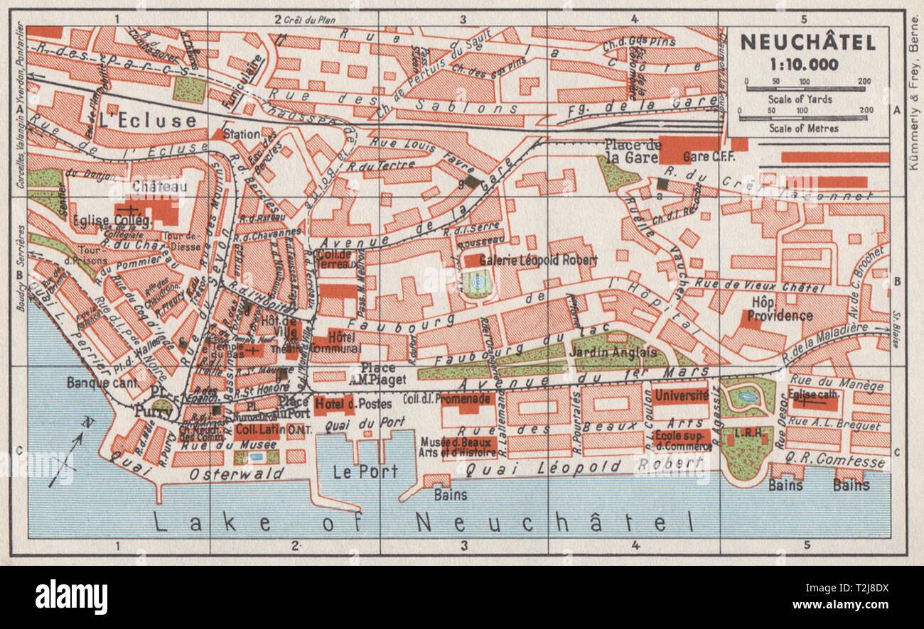 NEUCHÂTEL. Vintage town city map plan. Switzerland 1948 old vintage chart  Stock Photo - Alamy