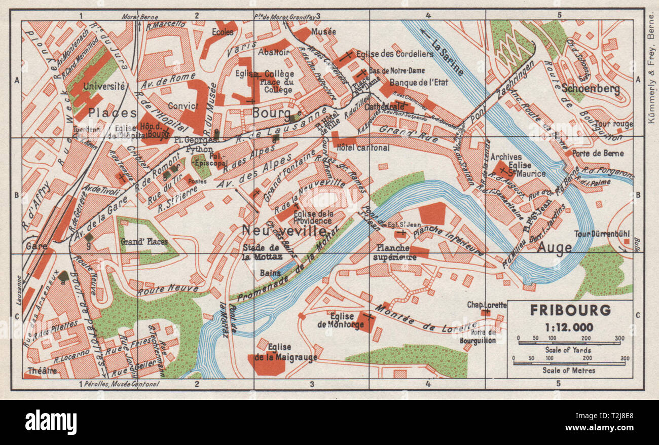 FRIBOURG. Vintage town city map plan. Switzerland 1948 old vintage chart  Stock Photo - Alamy