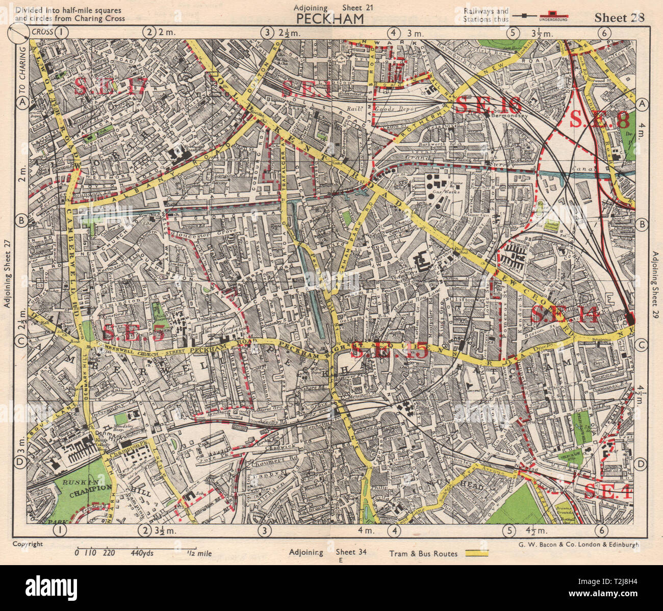 SE LONDON. Peckham Camberwell Hatcham Denmark Hill Surrey canal. BACON 1948 map Stock Photo