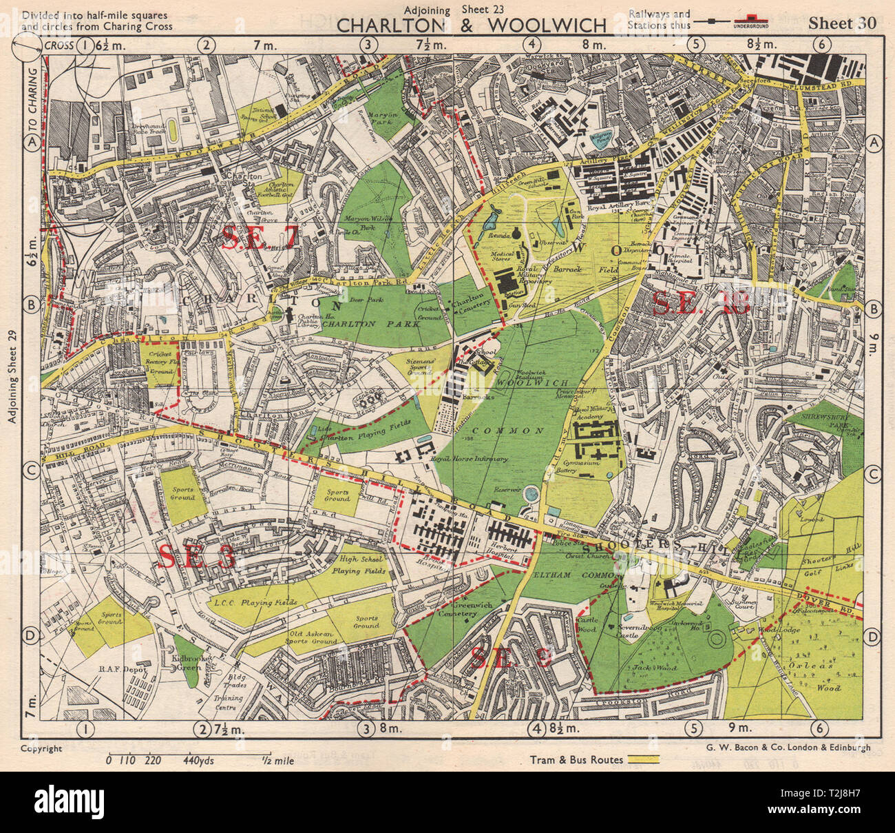 SE LONDON. Charlton Woolwich Shooters Hill Eltham Kidbrooke. BACON 1948 map Stock Photo