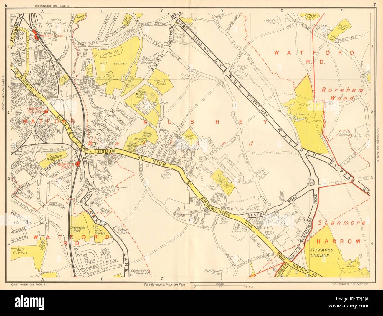 BUSHEY & WATFORD Borehamwood Stanmore Common. GEOGRAPHERS' A-Z 1948 old map Stock Photo