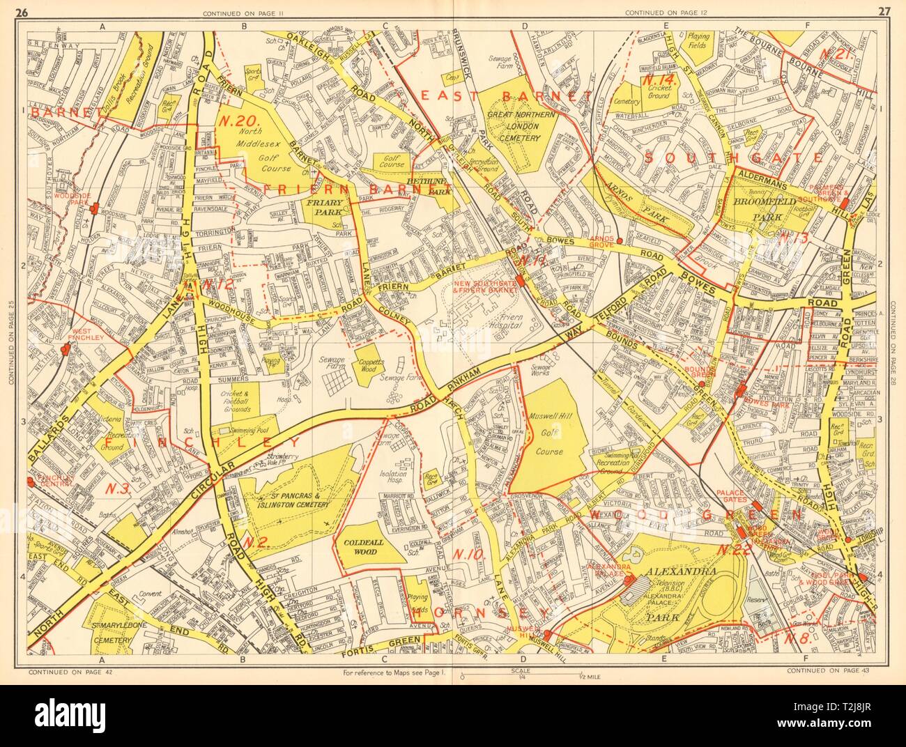 Wood Green London Map London N Southgate Finchley Wood Green Arnos Grove. Geographers' A-Z 1948  Map Stock Photo - Alamy
