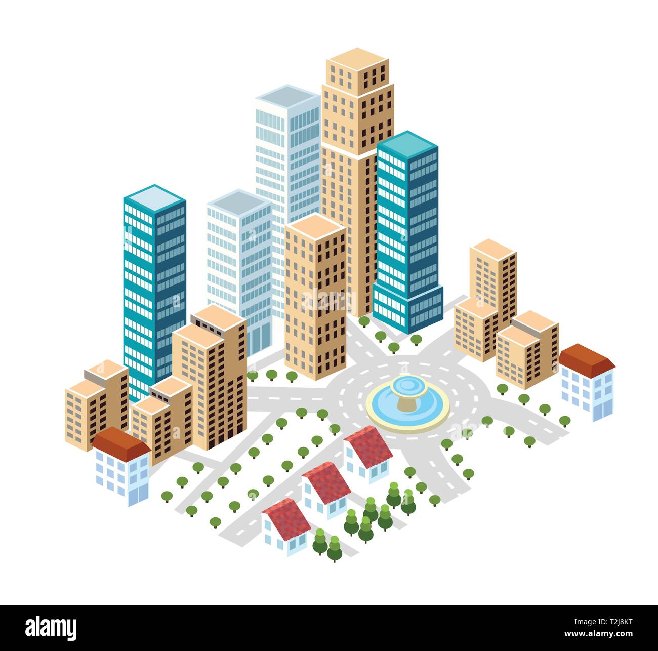 Flat isometric style city downtown set of elements industry and housing ...