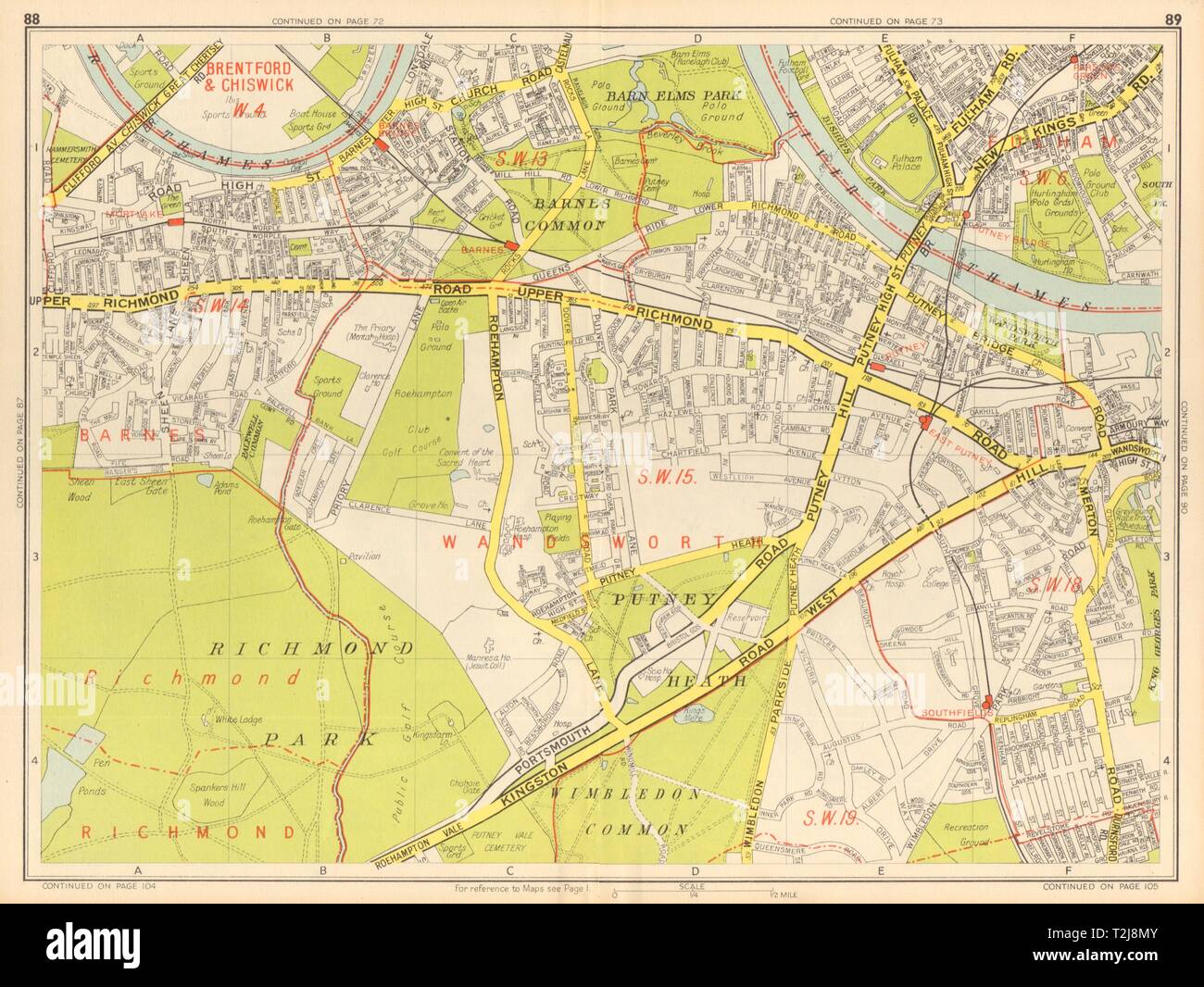 PUTNEY Wandsworth Barnes Mortlake Parsons Green. GEOGRAPHERS' A-Z 1948 old map Stock Photo