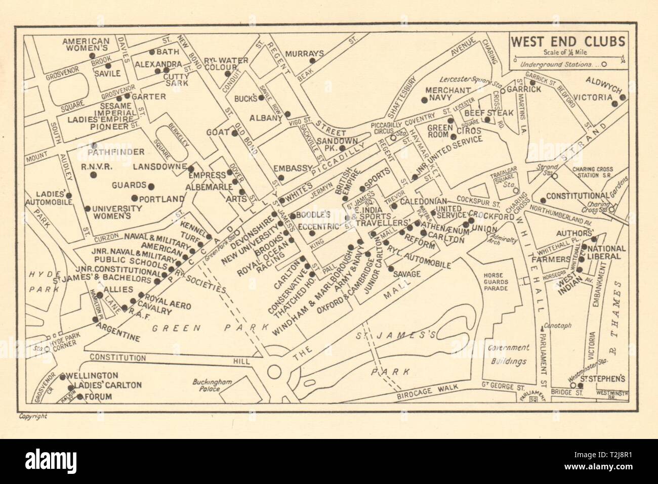 LONDON West End/St James's Gentlemens' & Ladies' Clubs GEOGRAPHERS' A-Z 1948 map Stock Photo
