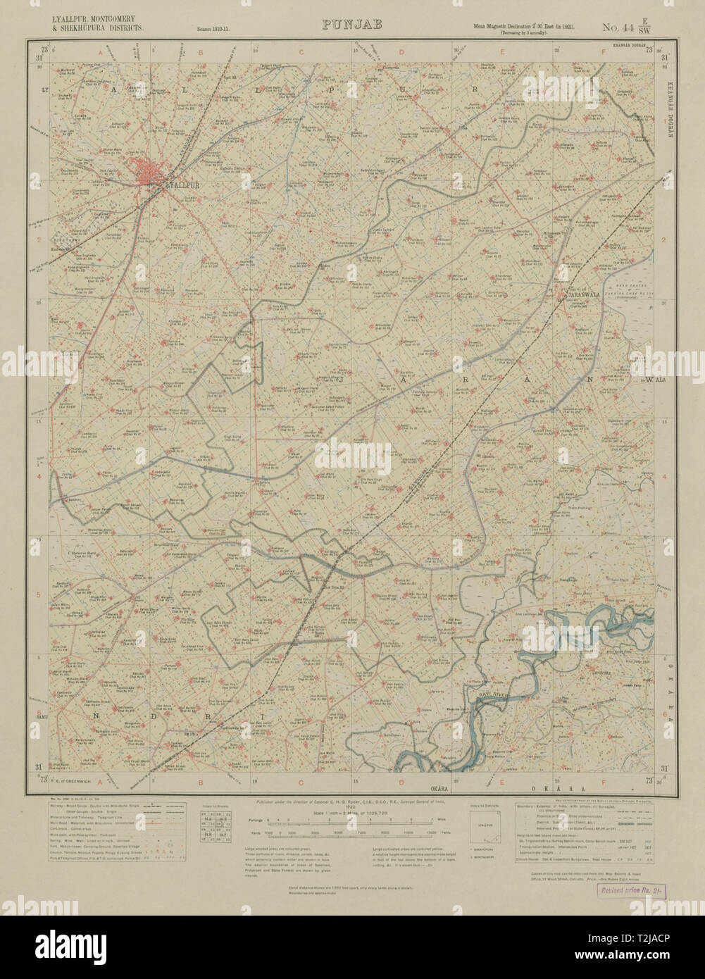 SURVEY OF INDIA 44 E/SW Pakistan Punjab Faisalabad (Lyallpur) Jaranwala 1922 map Stock Photo